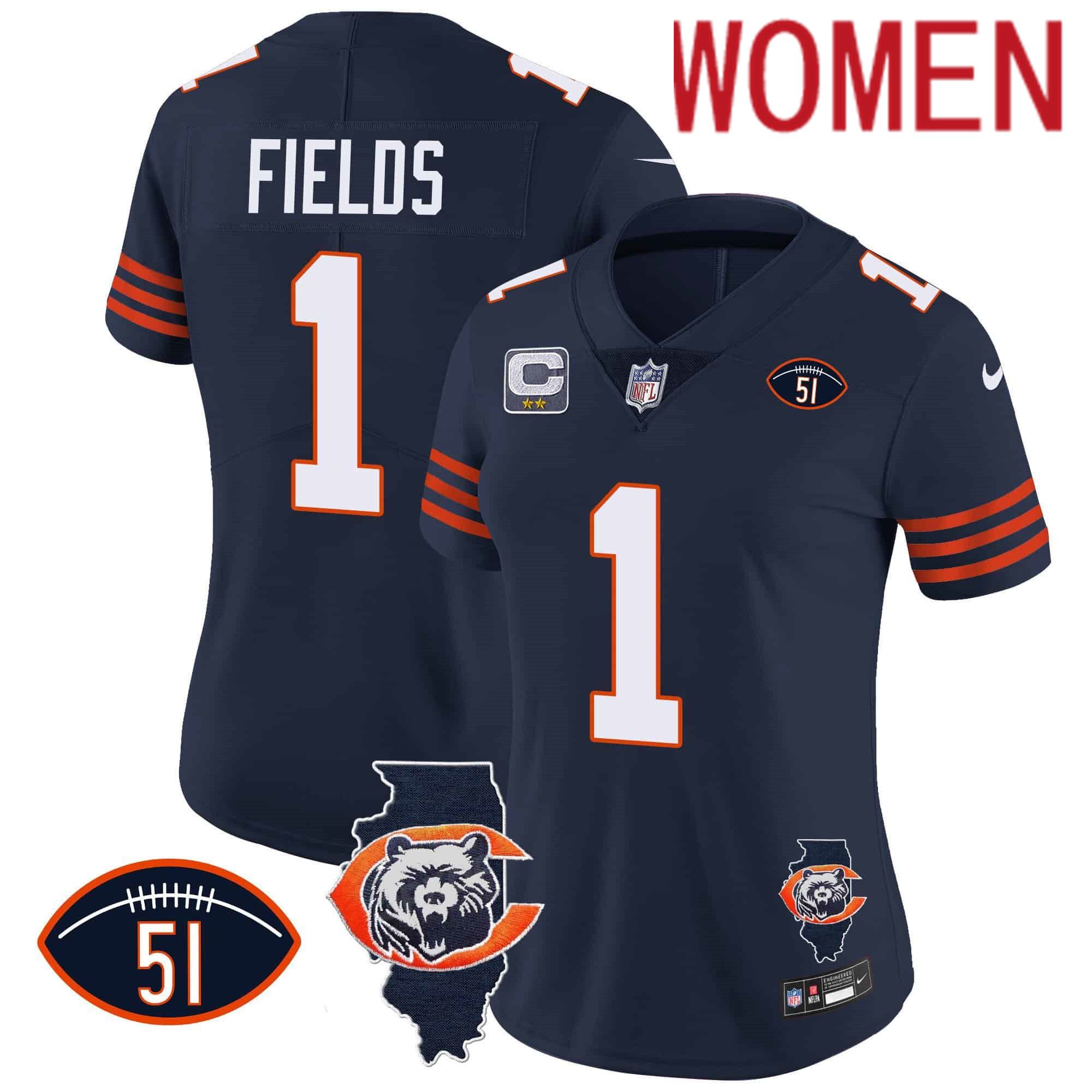 Women Chicago Bears #1 Fields Blue 2024 Nike Throwback Illinois Patch Vapor NFL Jersey style 1